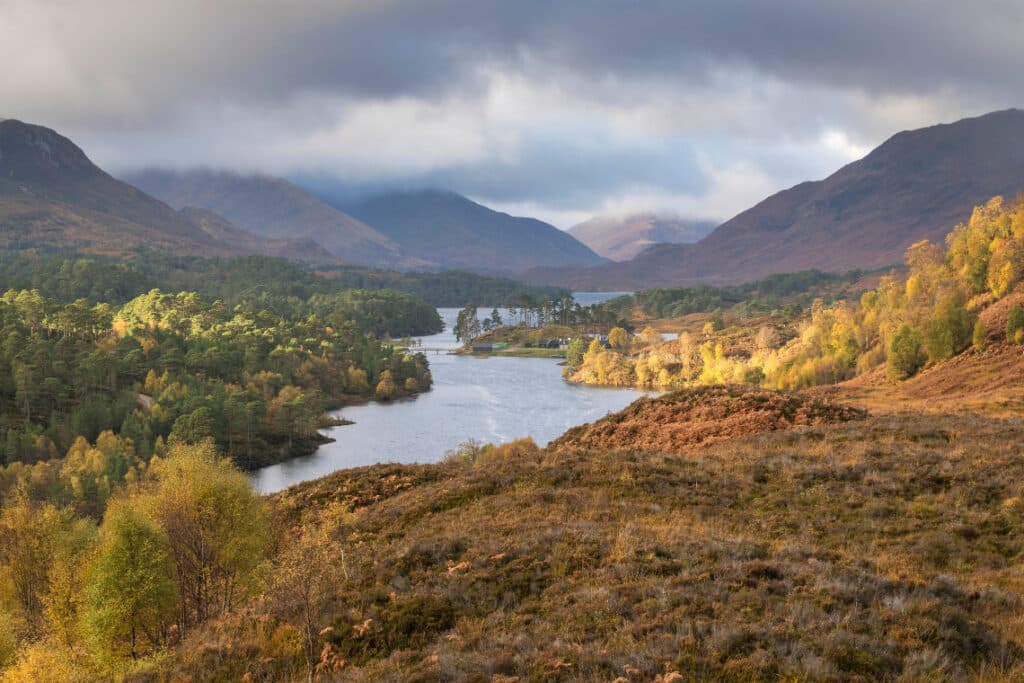 An autumnal view of a loch in Glen Affric