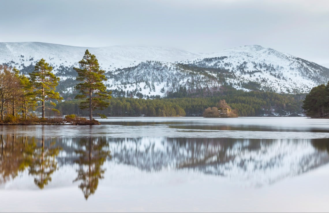 Snowy covered winter mountains reflecting off a still highland loch