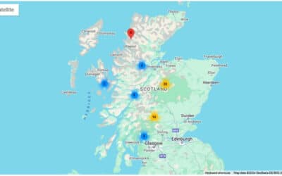 image of map of scotland with lots of activity locations marked on it