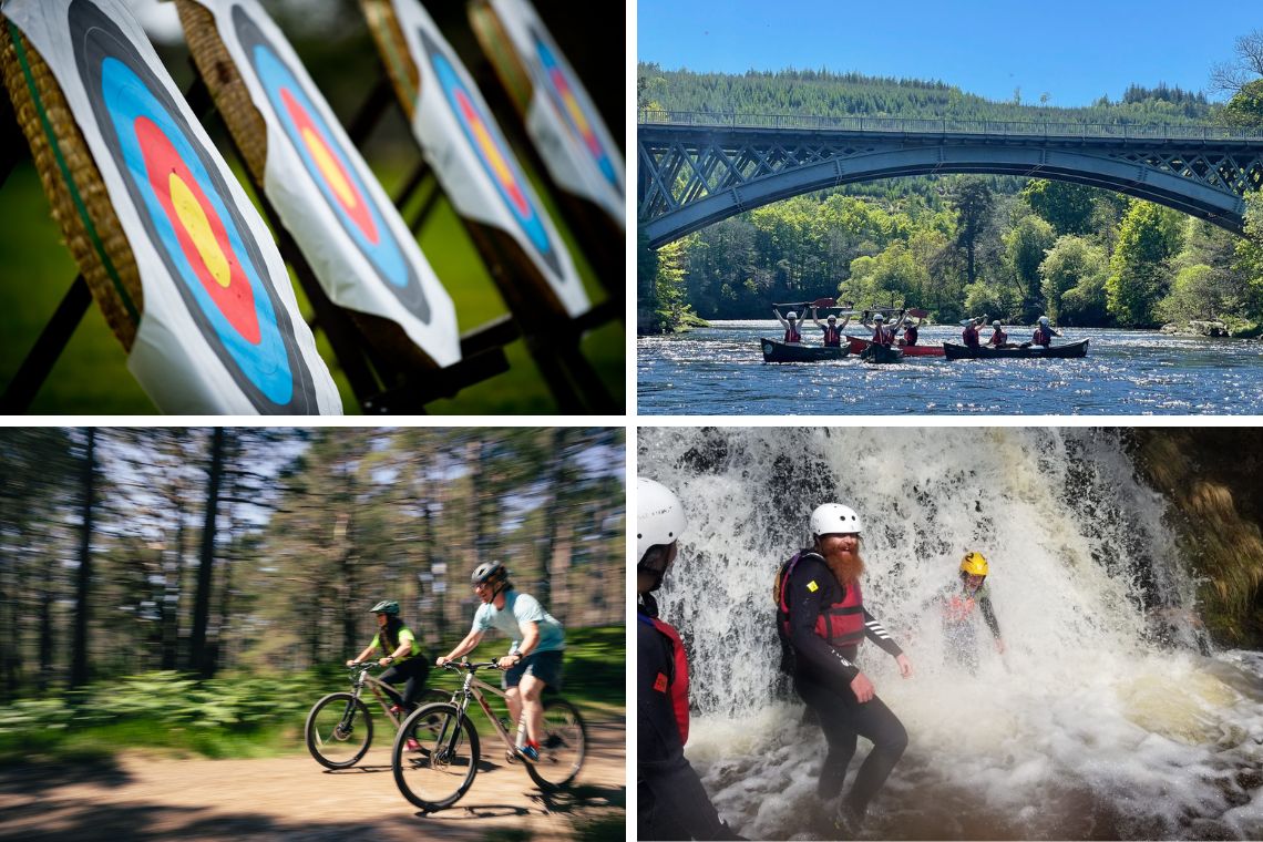 Image showing an archery target, people in canoes under a river spey bridge, cyclists on forest trail, people gorge walkign with one person in a waterfall
