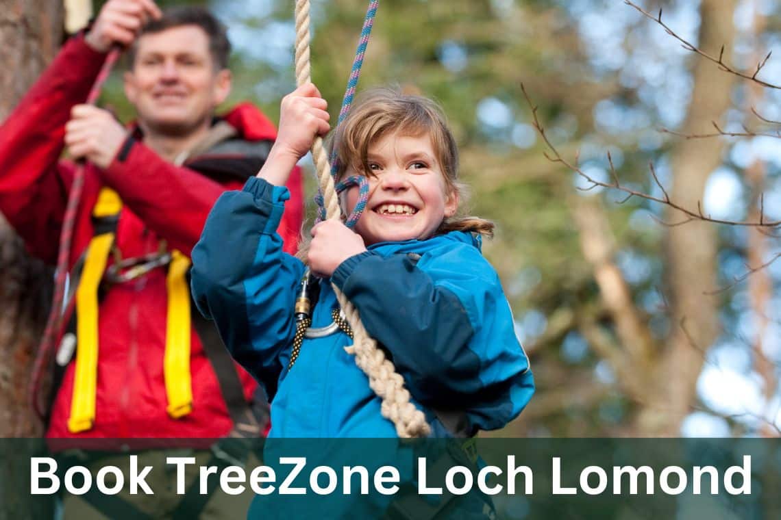 girl and man holding onto ropes while on treezone. writing underneath says book treezone loch lomond