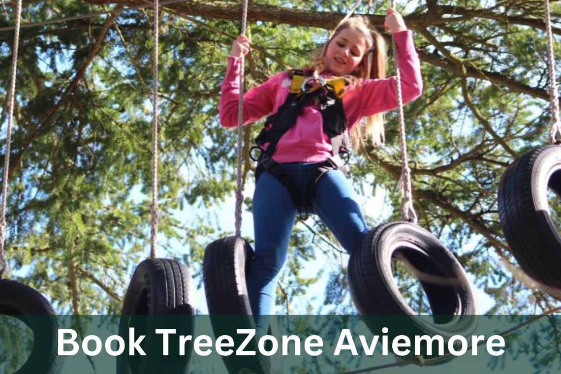 girl on tyre crossing at Treezone. Writing says Book treezone aviemore.