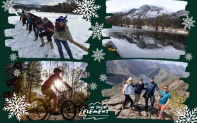 IYE newsletter header, Decembr 2024, showing image of ladies doing tug of war in snow, a wintry scene on still loch, someone on a bike and a group at the top of the hill smiling for a photo.