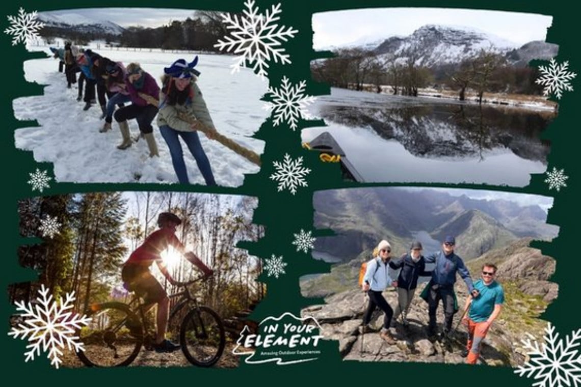 IYE newsletter header, Decembr 2024, showing image of ladies doing tug of war in snow, a wintry scene on still loch, someone on a bike and a group at the top of the hill smiling for a photo.