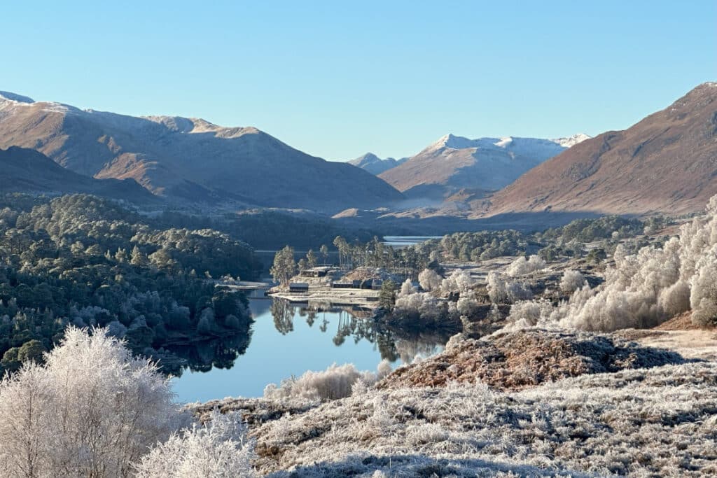 Glen Affric on a sunny winters day, with frost and blue skies
