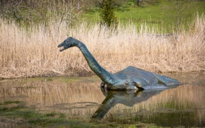 Sculpture of loch ness monster in a pond