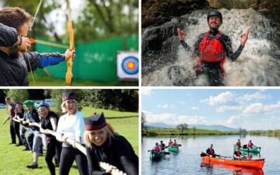 Image top left: person shooting bow and arrow at target; top right: man sitting in waterfall smiling; bottom left: ladies doing tug of war; bottom right: people canoeing on a loch