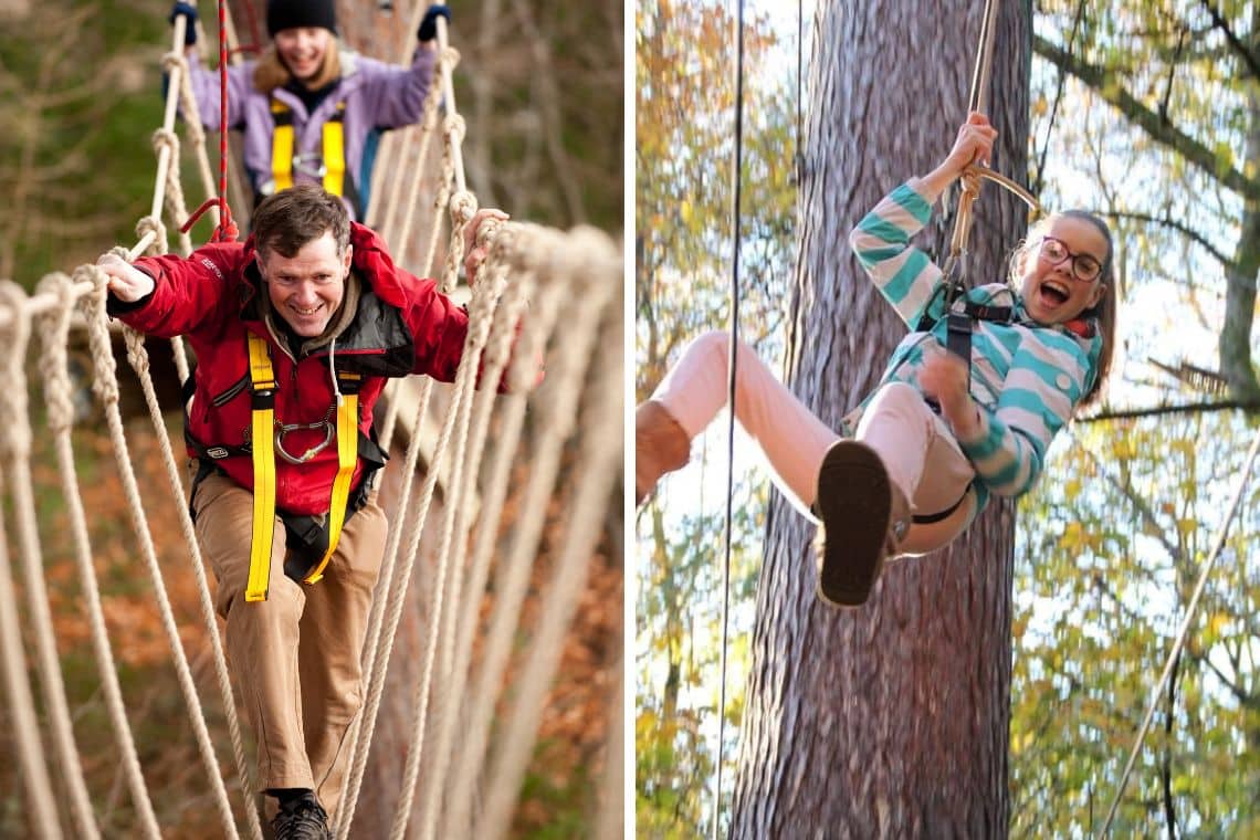 images of treezone treetop course. first photo of main on rope bridge and the second of a young girl smiling on a zip slide