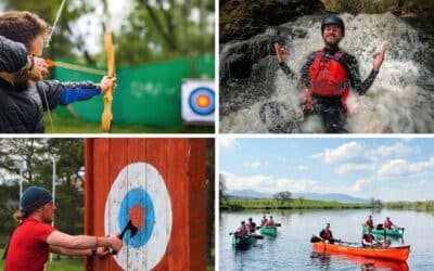 image top left: person firing bow and arrow at target; top right: man sitting in waterfall smiling; bottom left; man pulling axe out of a target: bottom right: people in canoes on a loch.