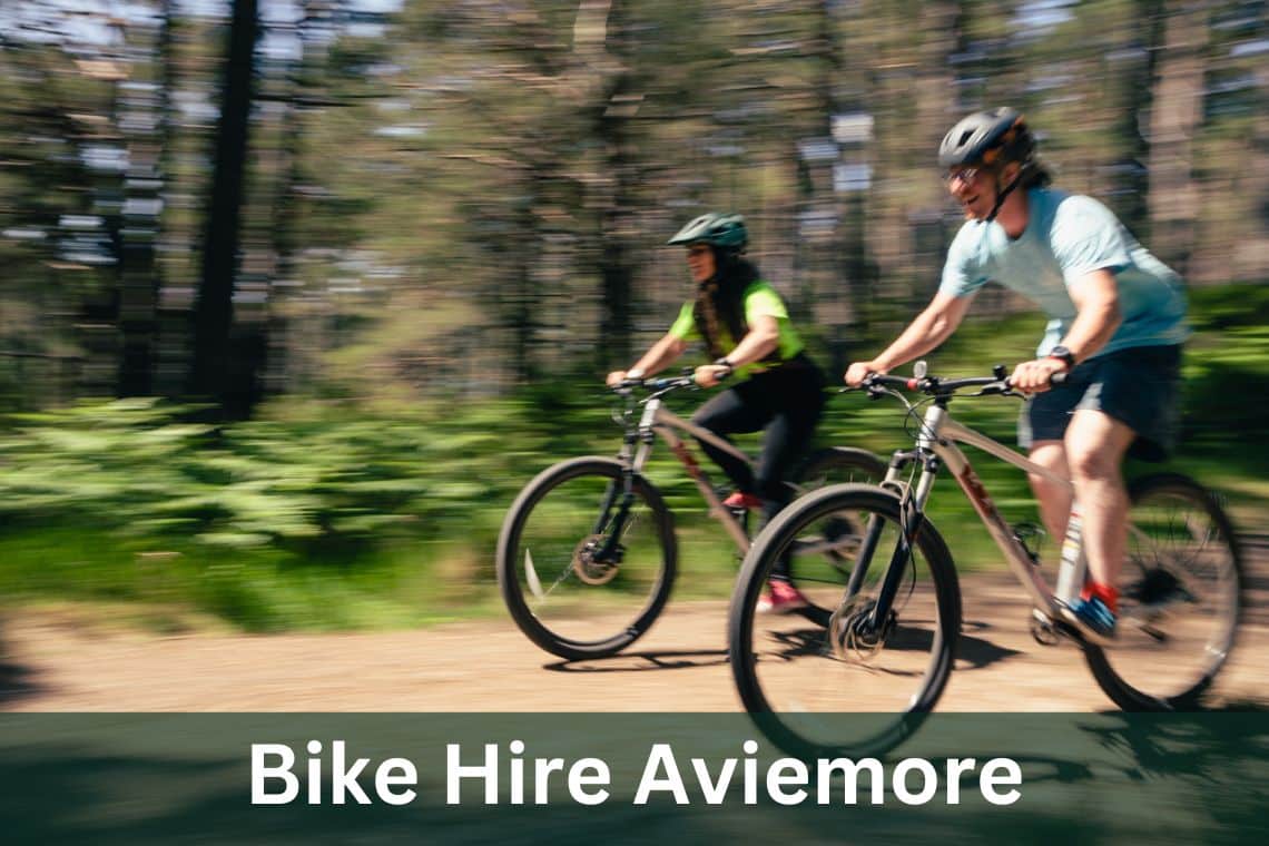 people on bikes on forest trail. Words Bike Hire Aviemore written below.