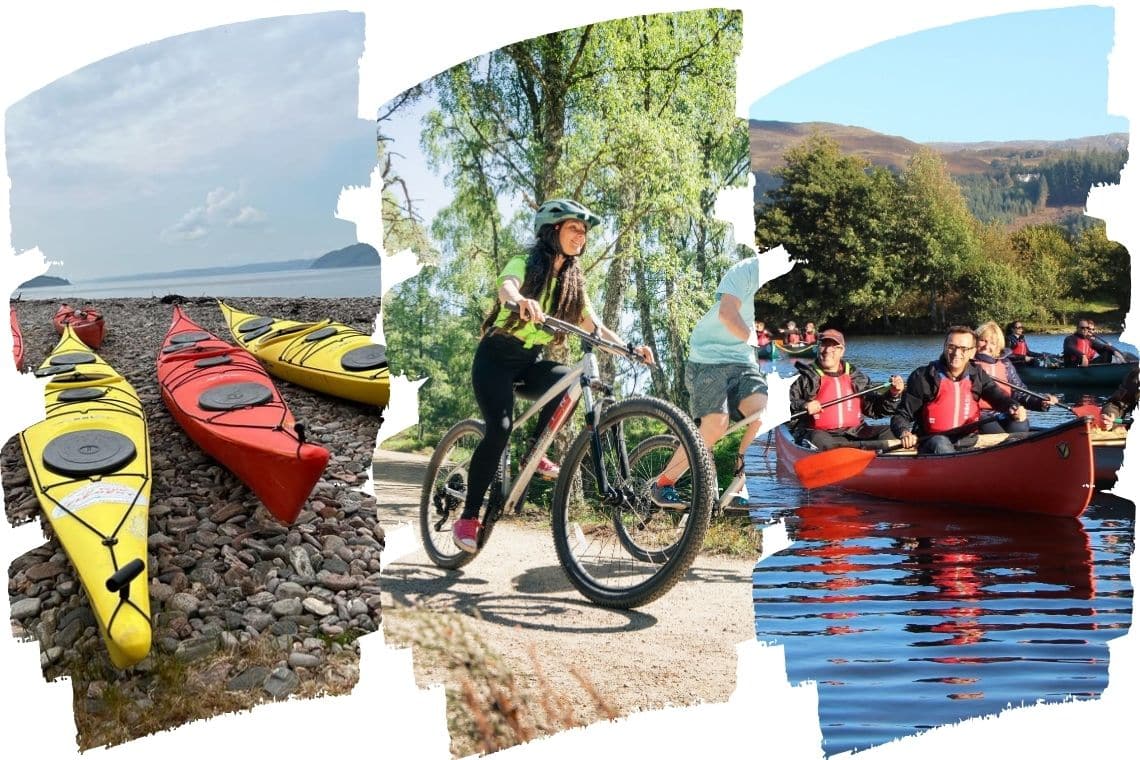 photos of sea kayaks on a beach, a person riding a mountain bike in a forest, and some people in canoes on a loch