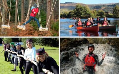 image top left: young person on treezone obstacle; top right: people on canoes on a loch; bottom left: ladies doing tug of war and smiling; bottom right: man sitting in waterfall smiling