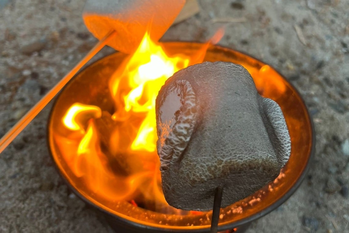 A marshmallow toasting on an open fire